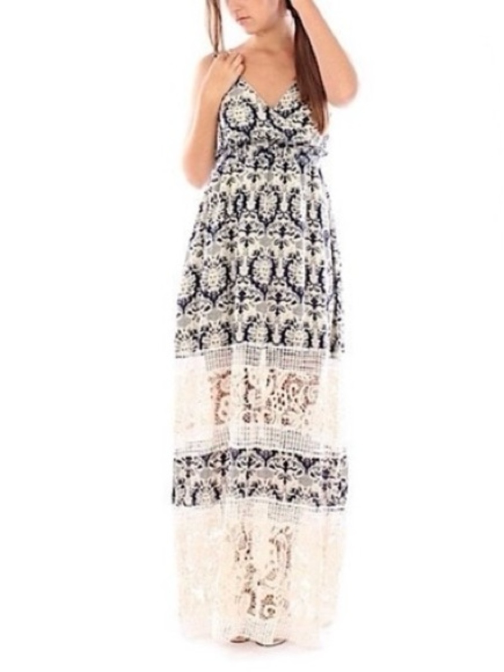 Anthropologie Sunday in Brooklyn Blue & Cream Lace Boho Maxi Dress • Small